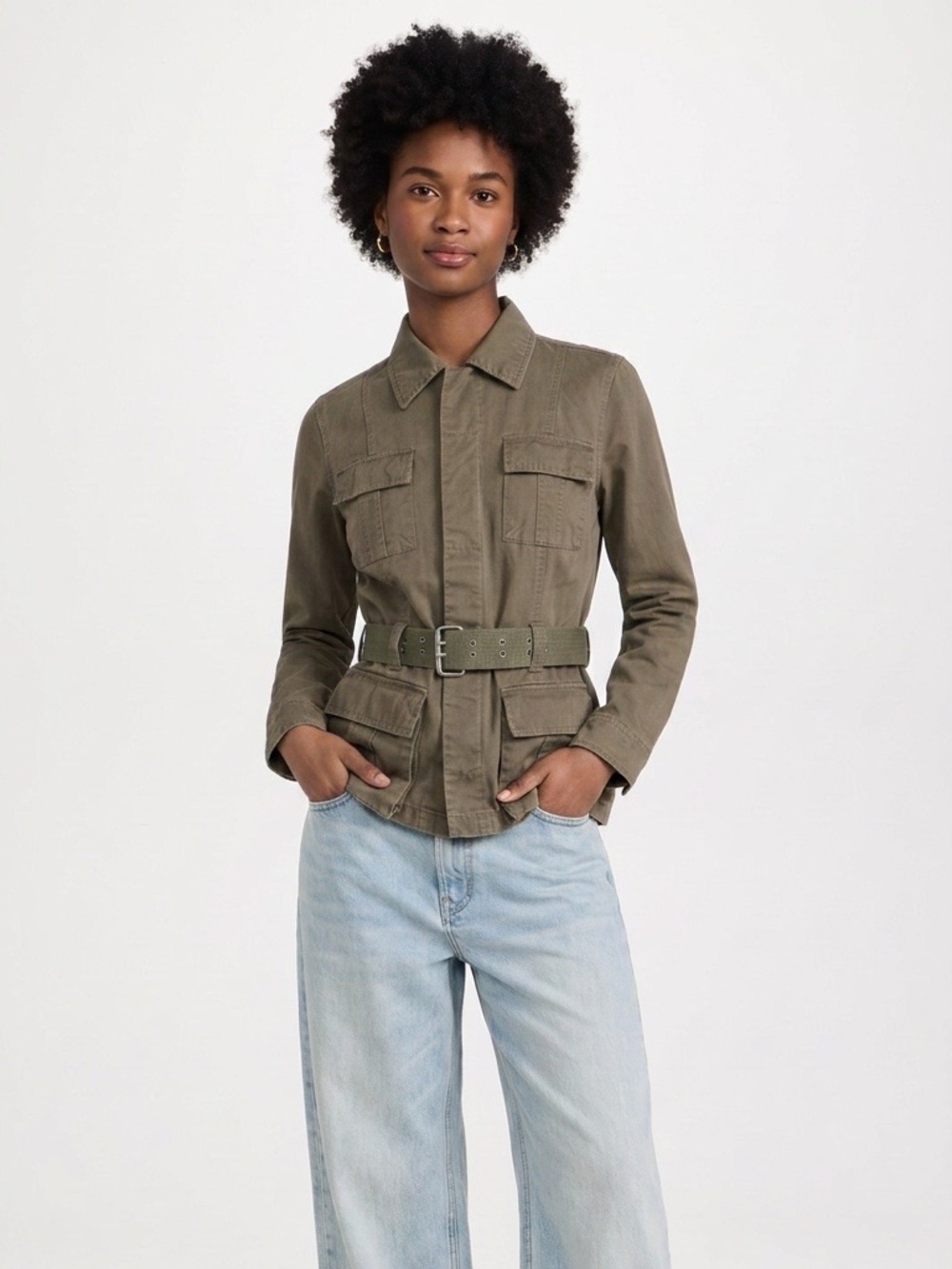 Vintage Tommy Hilfiger Belted Utility Jacket Size Medium Olive Green Y2K Cotton